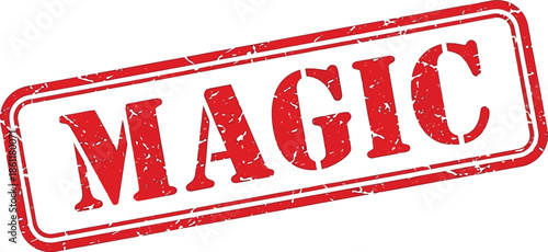 A striking red rectangular stamp prominently displays the word magic in bold white lettering conveying a sense of wonder