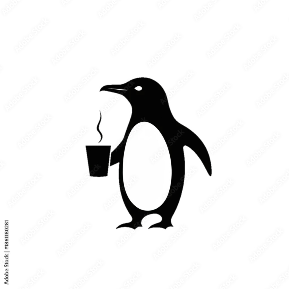Fototapeta premium Silhouette illustration of a ghost penguin holding a cup of hot coffee on a white background, minimalist vector style.