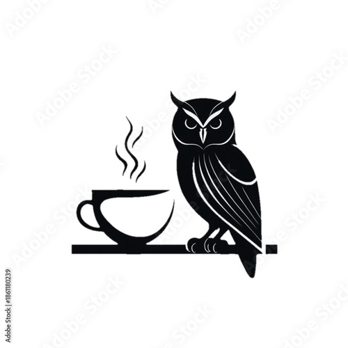 Silhouette illustration of an owl holding a cup of hot coffee on a white background, minimalist vector style.