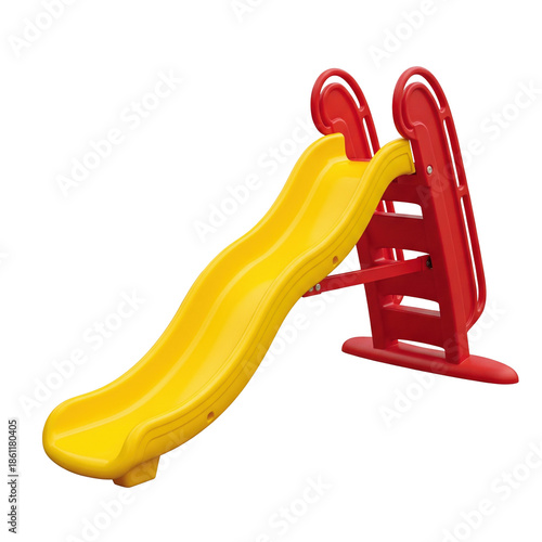 Bright red and yellow plastic slide for kids playground and active garden backyard games