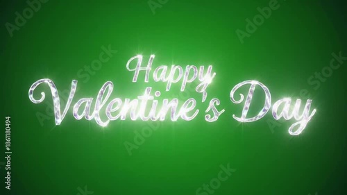 Happy Valentine’s Day glowing lettering on green screen background, romantic love celebration text animation.