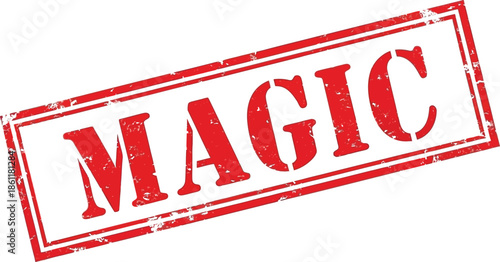 A distressed red rectangular stamp boldly displaying the word magic in a stylized ornate typeface is shown