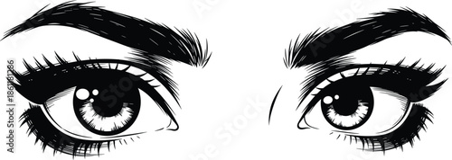 Beautiful Hand Drawn Female Eyes with Thick Eyebrows and Long Eyelashes Vector Illustration for Beauty Salon Makeup Fashion Design Concept.