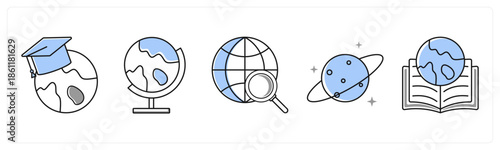 A set of 5 mix icons as global education, globe, global research in grey color