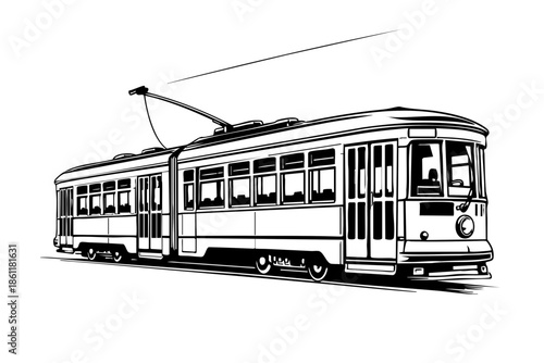 Classic street tram with rounded front design, three-quarter side view