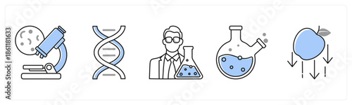 A set of 5 mix icons as microscope, dna, scientist in grey color
