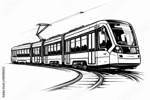 Modern articulated tram turning on rails, dynamic diagonal composition