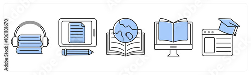 A set of 5 mix icons as headphones with book, tablet learning, globe with books in grey color
