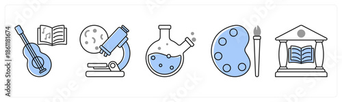 A set of 5 mix icons as music class, microscope, laboratory in grey color
