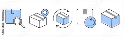 A set of 5 mix icons as search product, delivery location, exchange produt in grey color