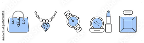 A set of 5 mix icons as food product, bread, grocery bag in grey color