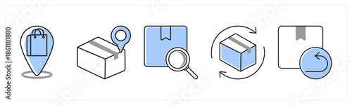 A set of 5 mix icons as shopping location, delivery location, search product in grey color