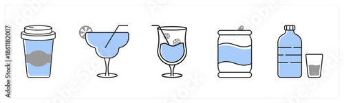 A set of 5 mix icons as coffee cup, cocktail, juice glass in grey color