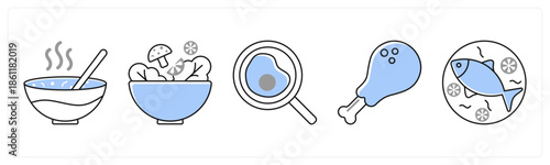 A set of 5 mix icons as soup bowl, salad bowl, omelette in grey color