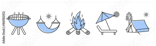 A set of 5 mix icons as bbq grill, hammock, camping fire in grey color
