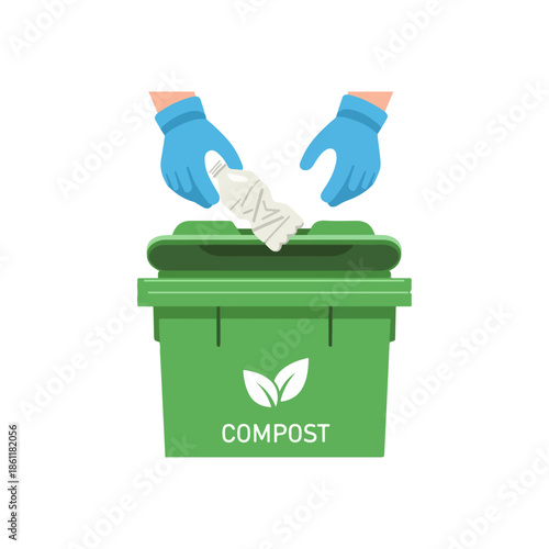 Gloved hands placing a crumpled bottle into a green waste bin with a 'COMPOST' label, environmental protection