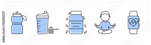 A set of 5 mix icons as water bottle, protein shake, vitamin in grey color