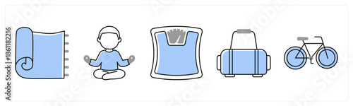 A set of 5 mix icons as yoga mat, medidation, weighing machine in grey color