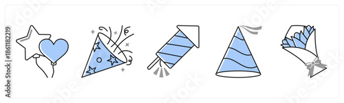 A set of 5 mix icons as balloon, confetti, fireworks in grey color