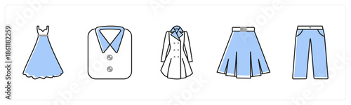 A set of 5 mix icons as dress, t shirt, lady coat in grey color