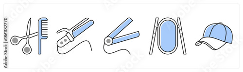 A set of 5 mix icons as scissors, curling iron, hair staightener in grey color