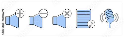 A set of 5 mix icons as volume up, volume down, mute in grey color