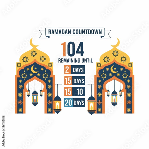 Ramadan Countdown Timer with Islamic Archways and Lanterns.