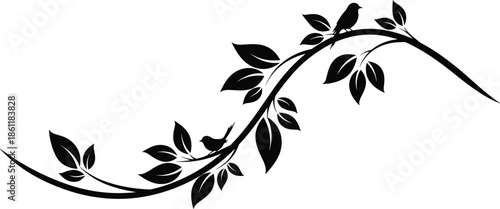 Two Small Birds Perched on a Curved Tree Branch with Elegant Leaves Nature Silhouette Vector Illustration for Home Wall Decor (20 words)