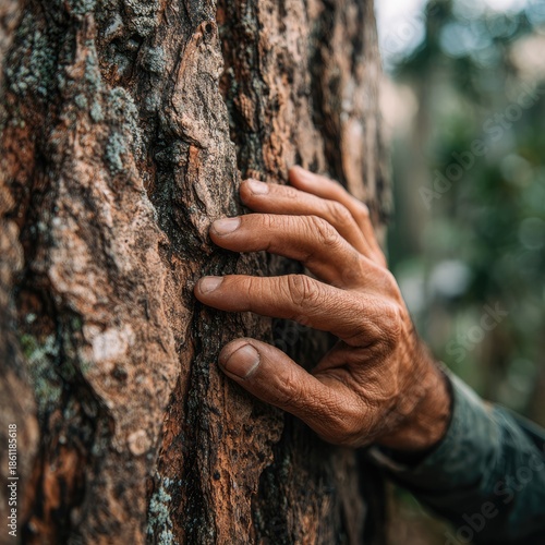 Textured Tree Bark with Hand Touching Rough Trunk Closeup