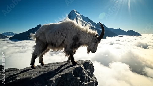 Majestic Mountain Goat on Rocky Peak Above Clouds with Sunny Sky