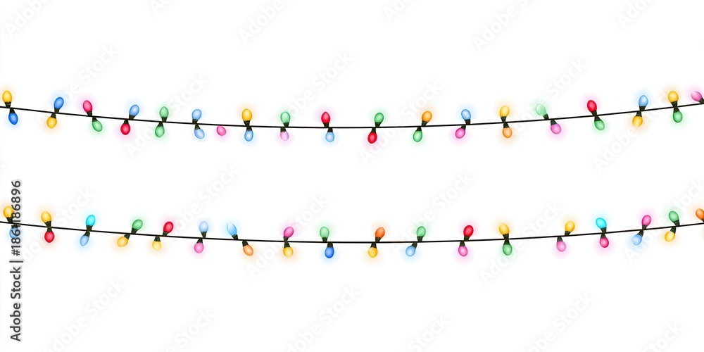 Obraz premium Two strings of colorful illuminated bulbs on dark cords, against a stark white background