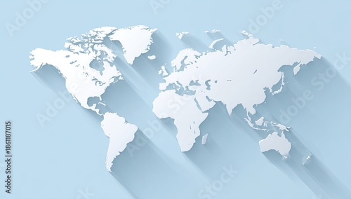 White world map cut out casting a long shadow on a light blue background