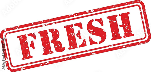 A rectangular red stamp with the word fresh boldly displayed in a distressed vintage style