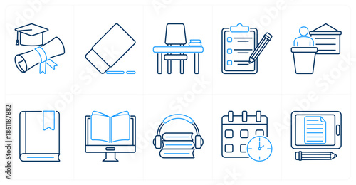 A set of 10 mix icons as diploma, eraser, desk and chair