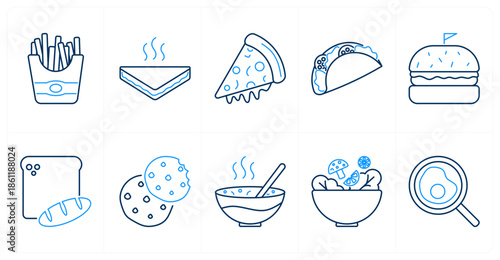 A set of 10 mix icons as french fries, sandwich, pizza slice