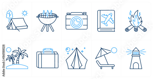A set of 10 mix icons as tent, bbq grill, camera