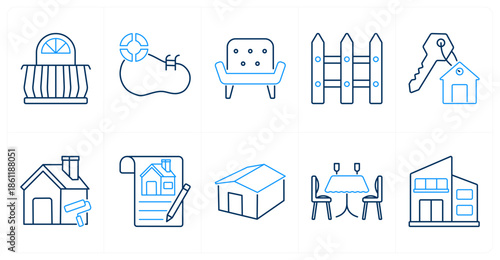 A set of 10 mix icons as balcony, swimming pool, sofa