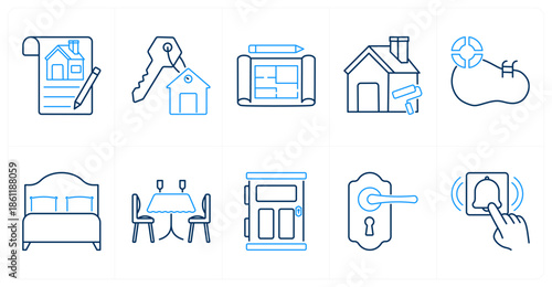 A set of 10 mix icons as house contract, house key, floor plan