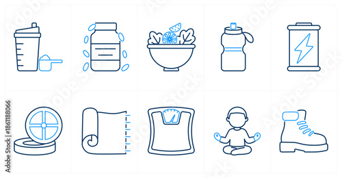 A set of 10 mix icons as protein shake, vitamin, salad bowl
