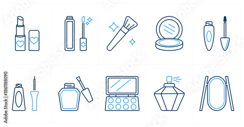 A set of 10 mix icons as lipstick, lip gloss, makeup brush