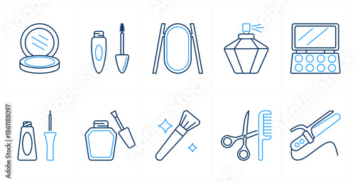 A set of 10 mix icons as compact powder, mascara, makeup mirror