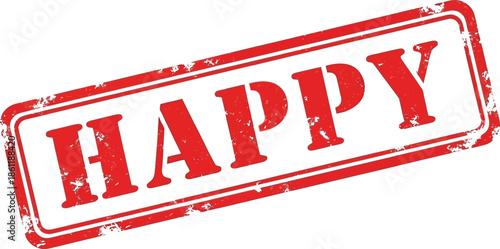A vibrant red rectangular stamp displaying the word happy in bold white letters emphasizing positivity