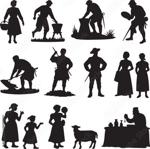 black silhouettes of people working and interacting on white background