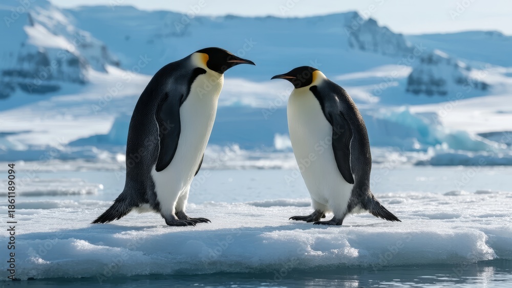 Fototapeta premium Two emperor penguins standing on ice in a snowy Antarctic landscape