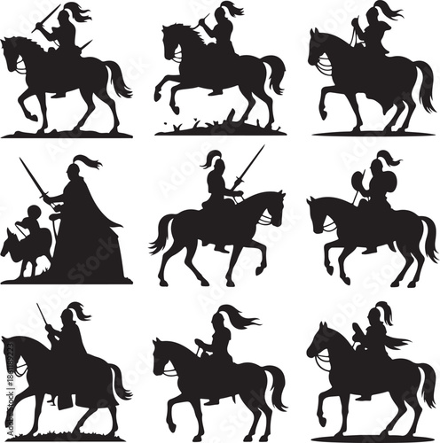 Silhouette of a knight on horseback in various poses with sword