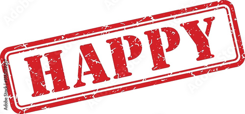 A detailed view of a rectangular red stamp displaying the word happy in bold uppercase lettering