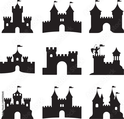 black silhouettes of various medieval castles and fortresses
