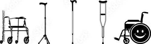 Collection, of, black, mobility, aid, icons, featuring, a, walker, tripod, cane, walking, stick, crutch, and, wheelchair, with, a, smiley, face, for, accessibility, and, disability, support.