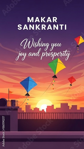 Makar sankranti celebration with kites and sunset