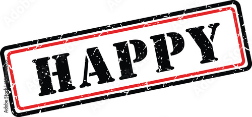 A rectangular stamp with a red border displays the word happy in bold black distressed lettering